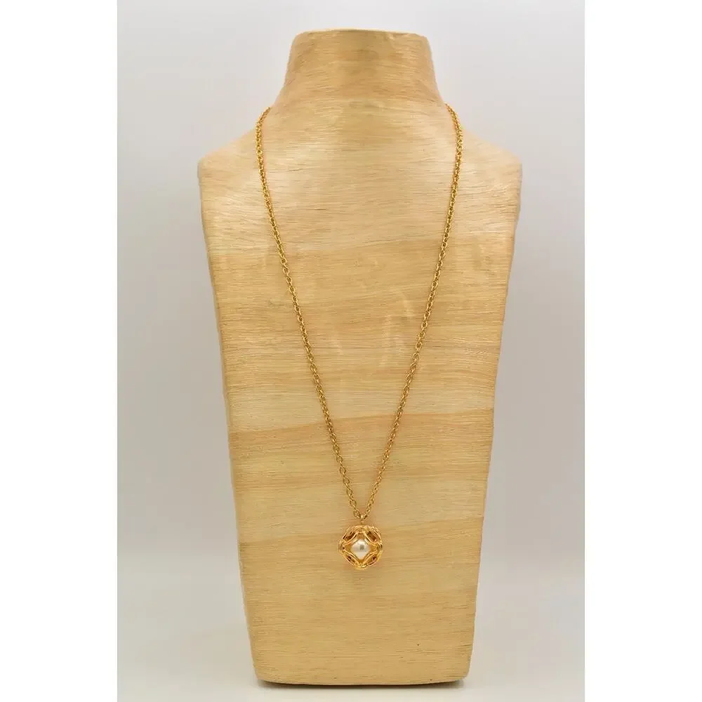 Joan Rivers Vintage Caged Pearl Pendant Necklace Gold Tone Chunky Signed BinBJ